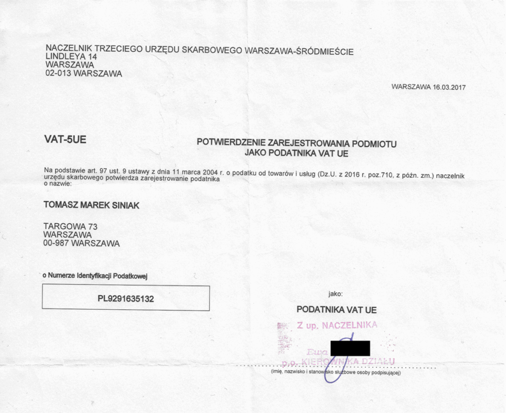 160302017 Confirmation from Warsaw Tax about assigning to Tomasz Siniak VATUE number