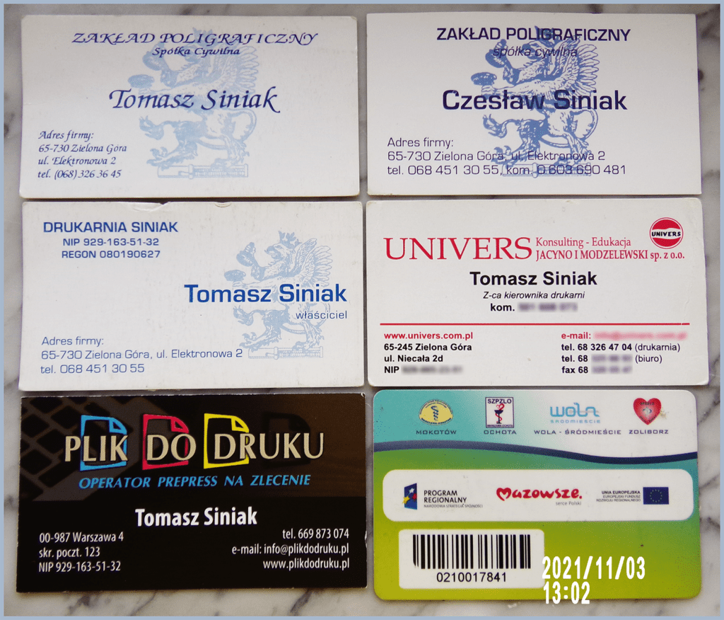 2000-2017 Tomasz Siniak's business cards of first company's, later work's, second and third company's and his medical card, made when he lived in Ochota of Warsaw, Poland. Photo made in 2021-11-03 13:02 by Tomasz Siniak.