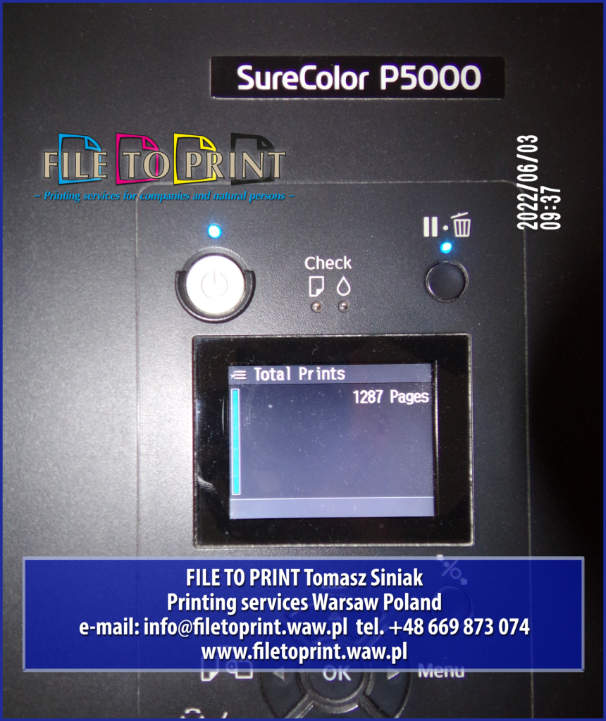 2022-06-03 09:37am Our Epson SureColor P5000 factory counter shows that we are near to the 1.300 prints. On this printer are mainly printed the Fogra certified proofs, canvas, photo and fine art prints. We invite to cooperation. FILE TO PRINT Tomasz Siniak Colour proofing & Printing services Warsaw Poland www.filetoprint.waw.pl