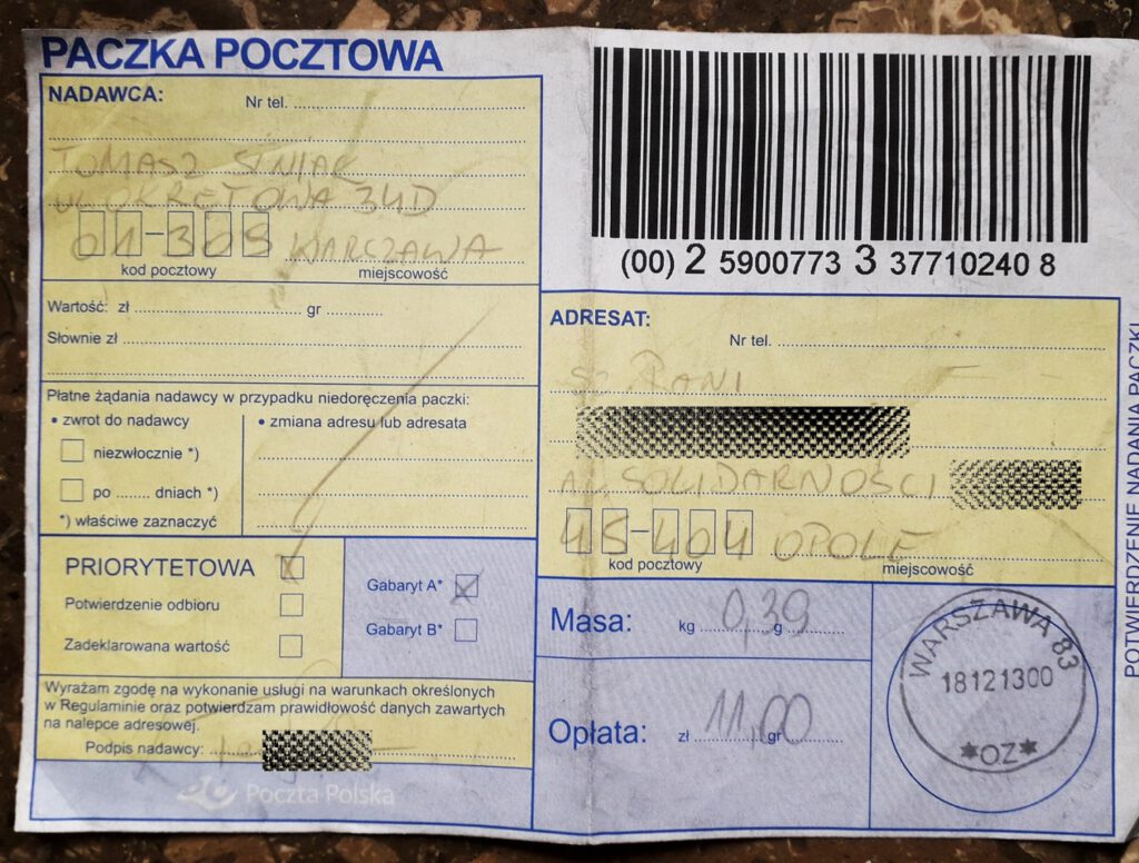 18122013 Confirmation for Tomasz of shipment send to his friend (I. greetings) in Opole of Poland with his then address on Okretowa 34D street, Bemowo, Warsaw of Poland. Photo made in 09-10-2022 by Tomasz Siniak. Copyright by Poczta Polska, I., Tomasz Siniak. FILE TO PRINT Tomasz Siniak Colour proofing, specialty digital printing and other services Warsaw Poland