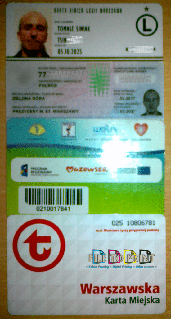 A part of personal Tomasz Siniak (owner) ID's issued in II.2017 by the President of the Capital City of Warsaw in Poland (a part of page2) and Warsaw's cards issued for Tomasz in 2014-2021. Copyright by Legia Warszawa, SPZLO Warszawa, ZTM Warszawa, President of the Capital City and Tomasz Siniak. FILE TO PRINT Tomasz Siniak Colour proofing, specialty digital printing and other services Warsaw Poland