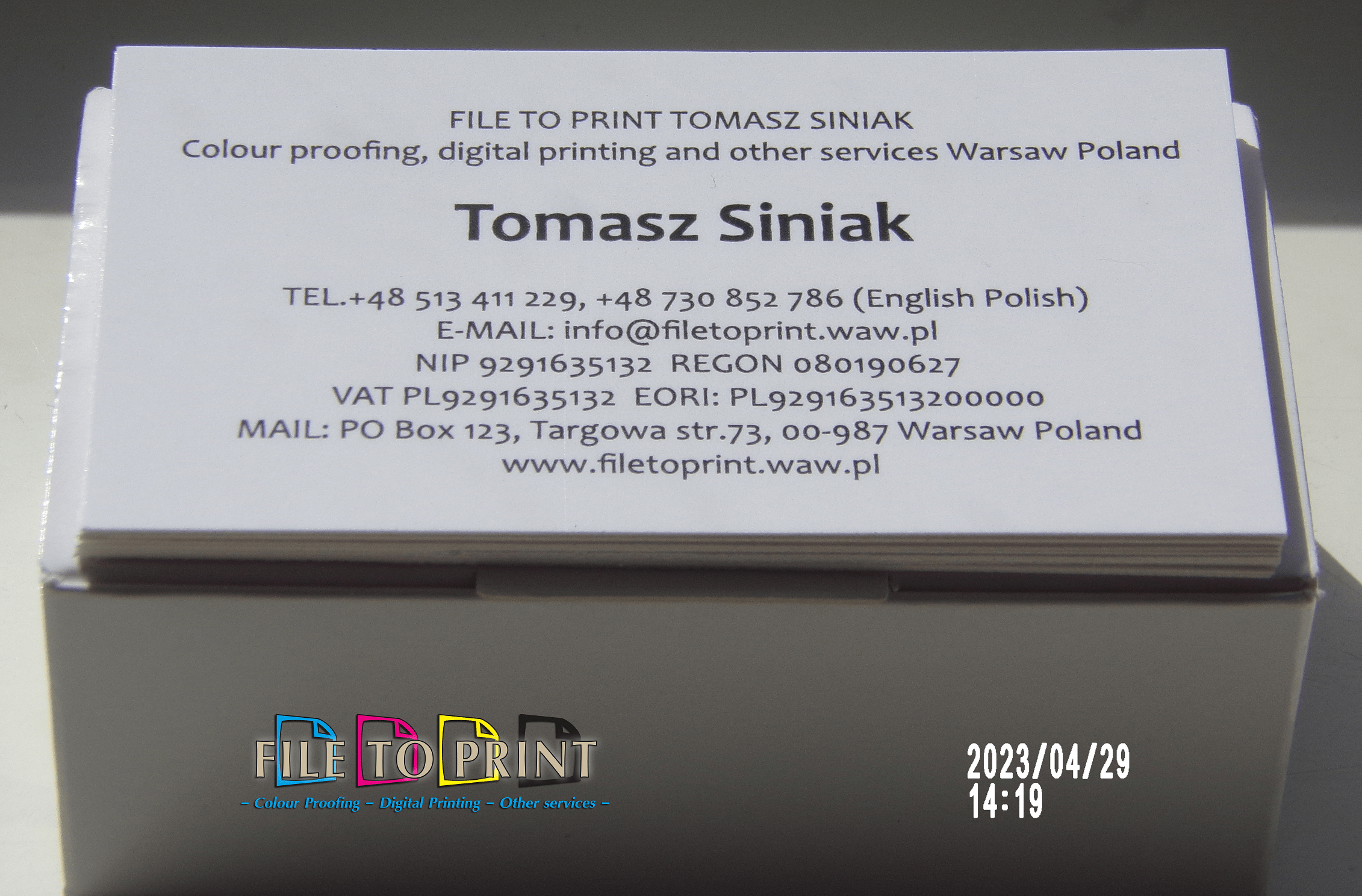 20230429_1419 Full color and black color business cards digital printing from the entrusted graphic designs or projects made from scratch, as well as based on an existing layout. Media type: coated matt, gloss silk papers, uncoated papers to be agreed. FILE TO PRINT Tomasz Siniak Colour proofing, specialty digital printing and other services Warsaw Poland