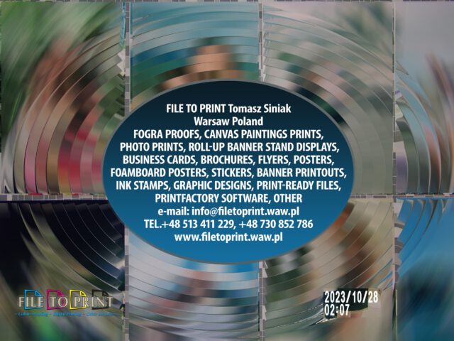 2023-10-28 02:07 Greetings to our new customer from Mexico (MEX). Photo prints from A6 size (10x15cm) to A1 size (without ID docs photos). Digital printing on a Canon Pixma inkjet printer, Epson pigment inkjet, eco solvent printers. Premium photo gloss, matt, uncoated matt paper or other media to be agreed. Contact us! FILE TO PRINT Tomasz Siniak Warsaw Poland Copyright by FILE TO PRINT Tomasz Siniak, Epson, Lomond.