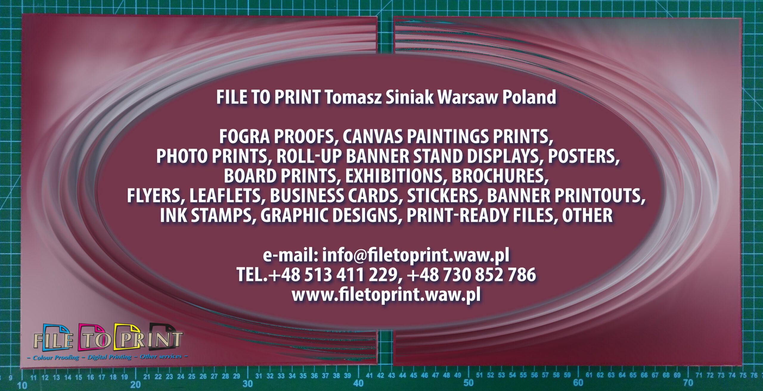 20240108_2256 Board prints, exhibitions, advertising boards, foamboard posters printed via eco solvent Epson printer, laminated and sticked on a PVC, dibond or aluminium boards. Media and board type to be agreed. Interested? Contact us. FILE TO PRINT Tomasz Siniak Warsaw Poland