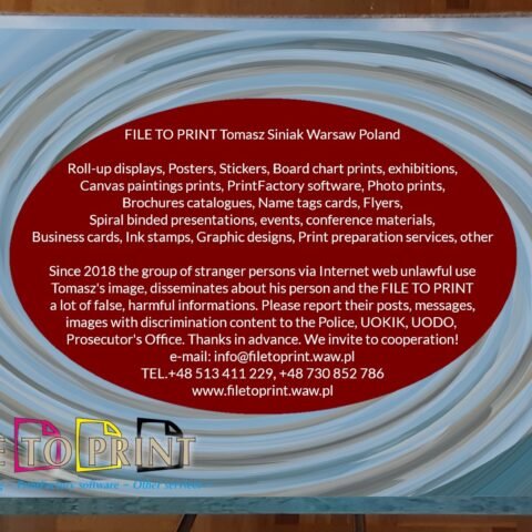 20240705_1206 Canvas paintings prints from a photos or graphic designs, artwork etc. stretched and framed into a painting looms (blejtram). High quality digital printing via eco solvent or UV printer printer. Canvas type to be agreed. Standard lead date up 2-14 business days to be agreed. Interested? Contact us! FILE TO PRINT Tomasz Siniak Warsaw Poland