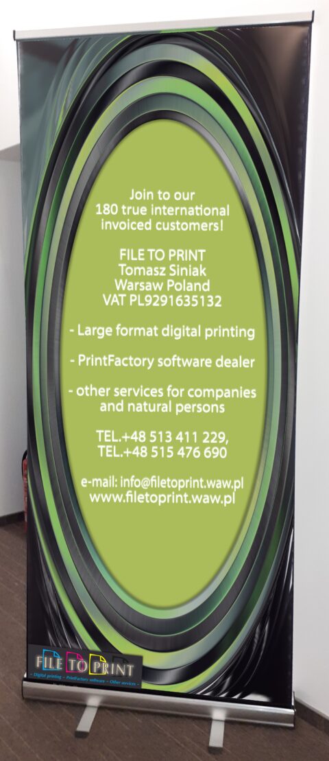 20241105_001115 Greetings to our new customer from Israel (ISR). Roll-up banner stand display printed standard. Single sided full colour digital printing via Epson eco solvent printer or UV printer. 125-micron stoplight PVC or other to be agreed. Aluminium standing construction. Finishing: mounted in a mechanism, packed in a canvas case. Lightweight and portable - best cheap advertisement for indoor display, conference, exhibition, trade shows, reception, social party and business events. FILE TO PRINT Tomasz Siniak Warsaw Poland