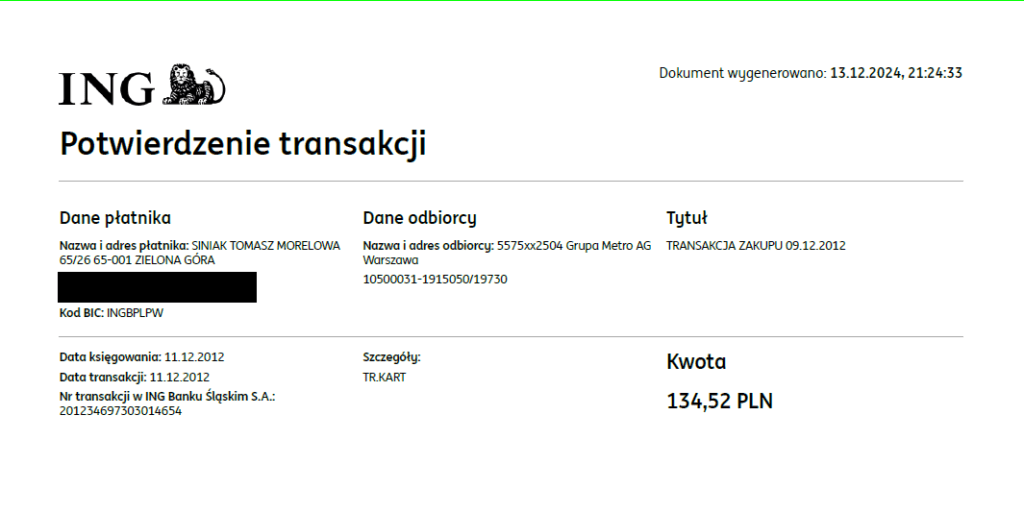 09-12-2012 Tomasz Siniak's bank confirmation from 09 December 2012 year for ZTM ticket and card purchasing from Grupa Metro AG Warsaw of Poland. Copyright by ING Bank Slaski S.A., Grupa Metro AG, Tomasz Siniak