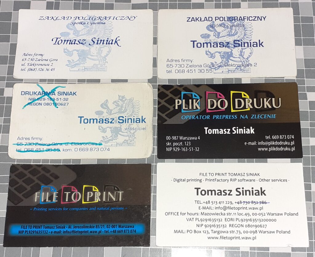 20241212_164416 Tomasz Siniak's business cards from 2000-2007-2017-2020-2024 years. Copyright by FILE TO PRINT Tomasz SIniak