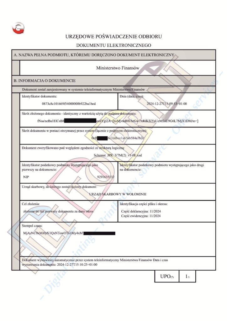 27-12-2024 Wolomin Tax office confirmation of the FILE TO PRINT Tomasz Siniak's declaration VAT7M 112024 submitting. Copyright by Ministry of Finance, Tax Office in Wolomin, FILE TO PRINT Tomasz Siniak