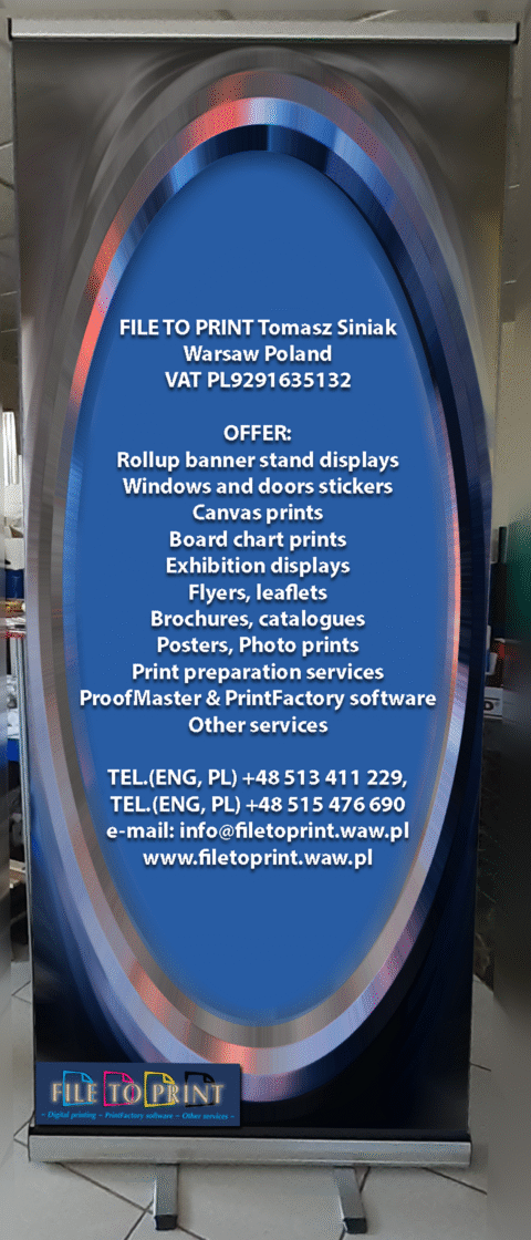 20250422_1730 Greetings to our new customer from Switzerland. Roll-up banner stand display printed standard. Single sided full colour digital printing via Epson eco solvent printer or UV printer. 125-micron stoplight PVC or other to be agreed. Aluminium standing construction. Finishing: mounted in a mechanism, packed in a canvas case. Lightweight and portable - best cheap advertisement for indoor display, conference, exhibition, trade shows, reception, social party and business events. FILE TO PRINT Tomasz Siniak Warsaw Poland