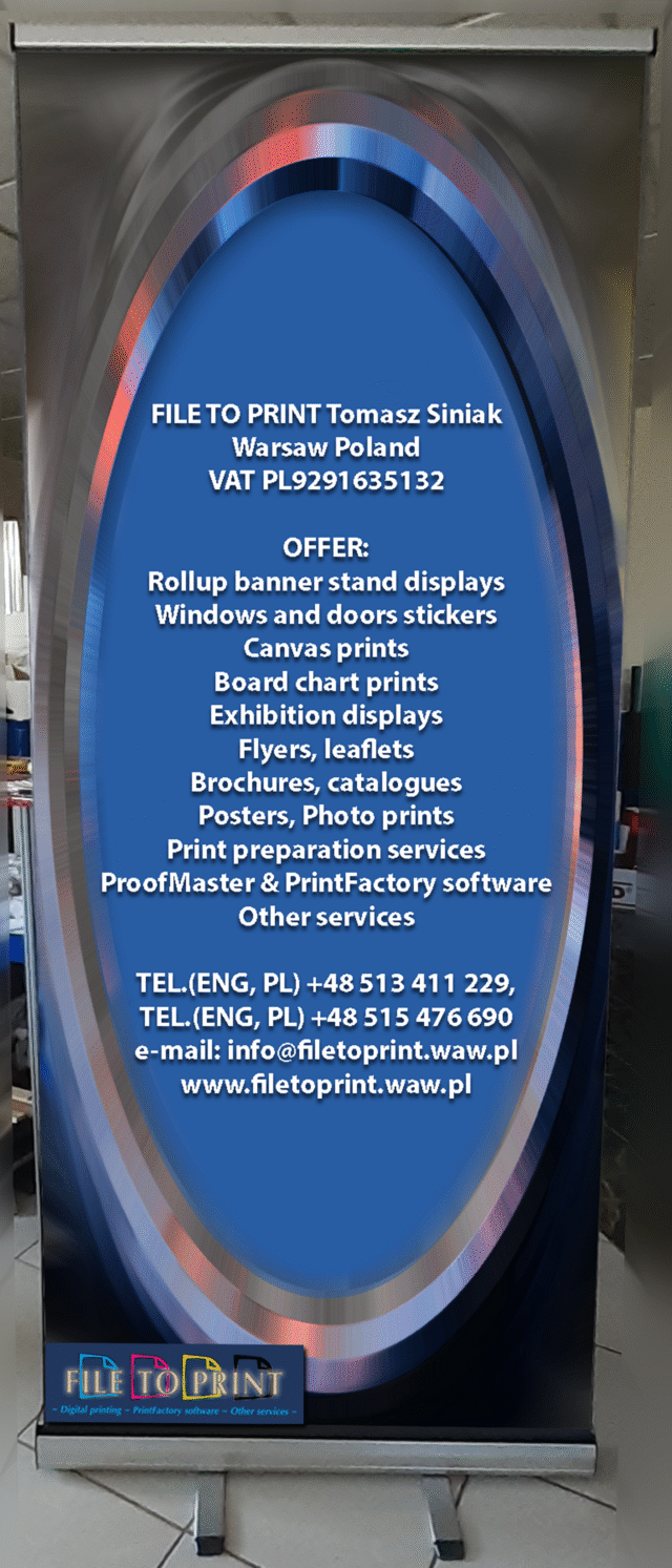 20250422_1730 Greetings to our new customer from Switzerland. Roll-up banner stand display printed standard. Single sided full colour digital printing via Epson eco solvent printer or UV printer. 125-micron stoplight PVC or other to be agreed. Aluminium standing construction. Finishing: mounted in a mechanism, packed in a canvas case. Lightweight and portable - best cheap advertisement for indoor display, conference, exhibition, trade shows, reception, social party and business events. FILE TO PRINT Tomasz Siniak Warsaw Poland