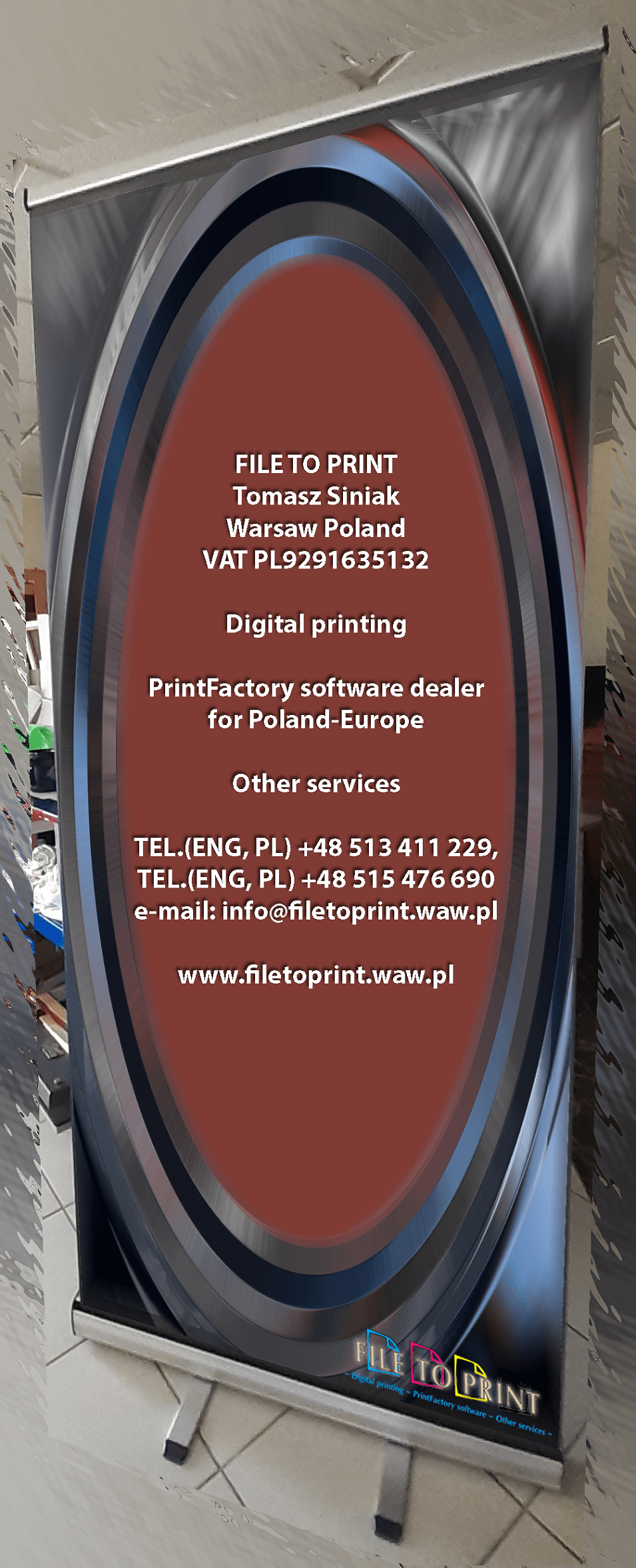 20250422_1746 Greetings to our new customer from Switzerland. Roll-up banner stand display printed standard. Single sided full colour digital printing via Epson eco solvent printer or UV printer. 125-micron stoplight PVC or other to be agreed. Aluminium standing construction. Finishing: mounted in a mechanism, packed in a canvas case. Lightweight and portable - best cheap advertisement for indoor display, conference, exhibition, trade shows, reception, social party and business events. FILE TO PRINT Tomasz Siniak Warsaw Poland 20250422_1746 Greetings to our new customer from Switzerland. Roll-up banner stand display printed standard. Single sided full colour digital printing via Epson eco solvent printer or UV printer. 125-micron stoplight PVC or other to be agreed. Aluminium standing construction. Finishing: mounted in a mechanism, packed in a canvas case. Lightweight and portable - best cheap advertisement for indoor display, conference, exhibition, trade shows, reception, social party and business events. FILE TO PRINT Tomasz Siniak Warsaw Poland