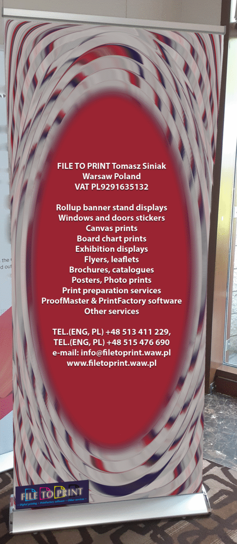 20250525_1646 Greetings to our new customer from United Kingdom (UK). Roll-up banner stand display printed standard. Single sided full colour digital printing via Epson eco solvent printer or UV printer. 125-micron stoplight PVC or other to be agreed. Aluminium standing construction. Finishing: mounted in a mechanism, packed in a canvas case. Lightweight and portable - best cheap advertisement for indoor display, conference, exhibition, trade shows, reception, social party and business events. FILE TO PRINT Tomasz Siniak Warsaw Poland