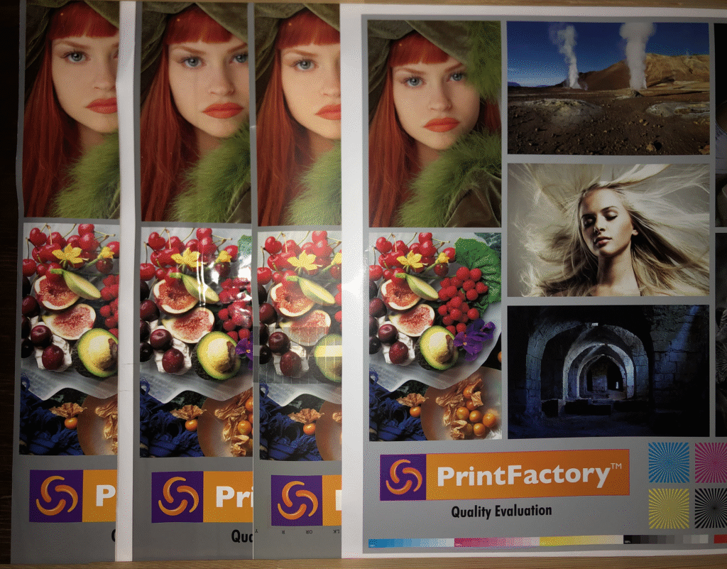 2025-07-22 Do you want to have consistent colors on different media? Choose ProofMaster or PrintFactory software. From left: 1). Poster paper. 2). Self adhesive vinyl gloss foil. 3). Rollup material. 3). Proofing paper semi matt. Call us or e-mail us. Printouts and photo by Tomasz Siniak (PrintFactory dealer, FILE TO PRINT). Copyright by PrintFactory and FILE TO PRINT Tomasz Siniak