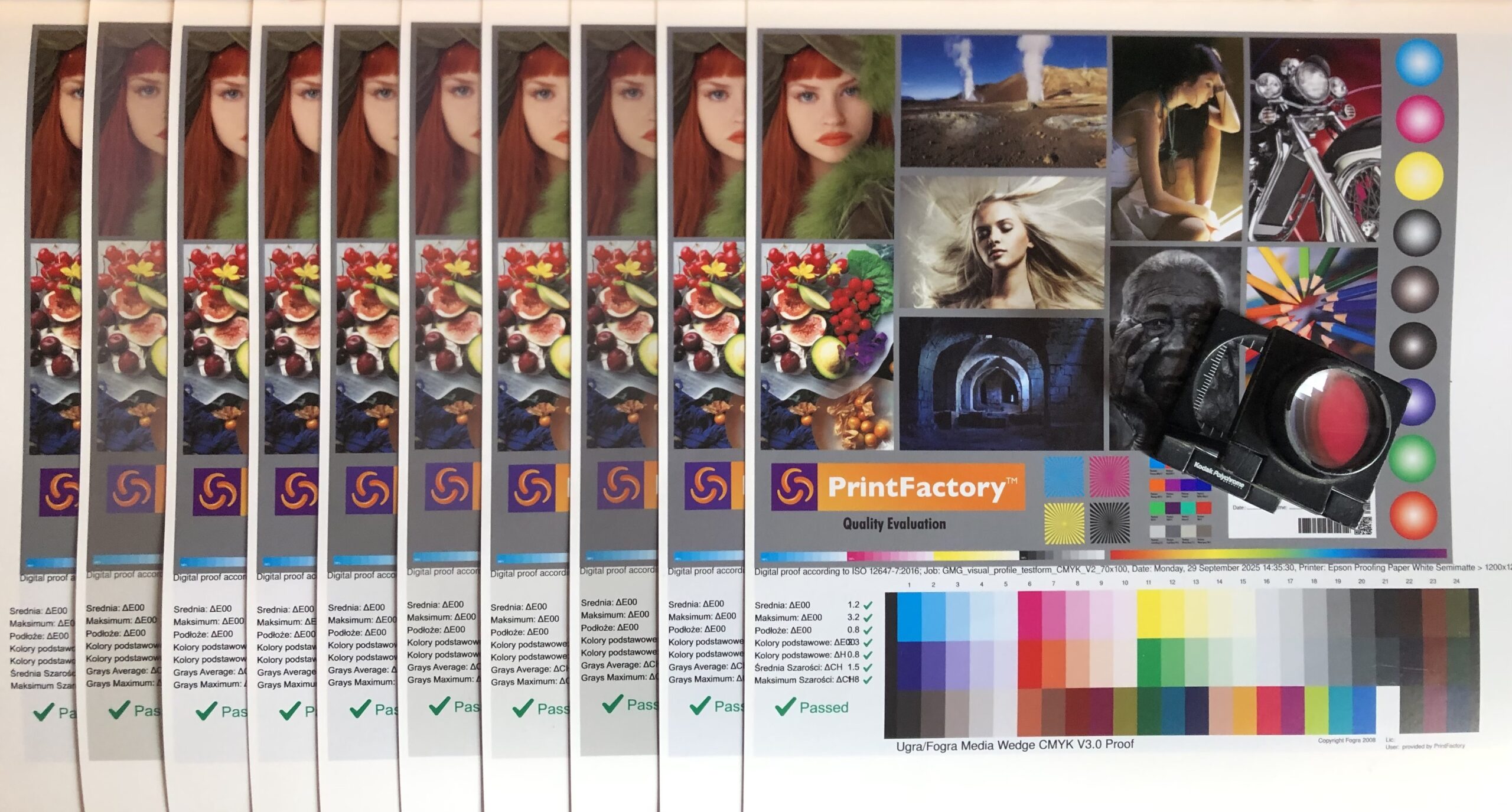 29092025 1435 FILE TO PRINT PrintFactory dealer ProofMaster PrintFactory colour test charts printed by Tomasz Siniak with different reference profiles at the Warsaw's customer headquarter. Copyright by PrintFactory and FILE TO PRINT Tomasz Siniak