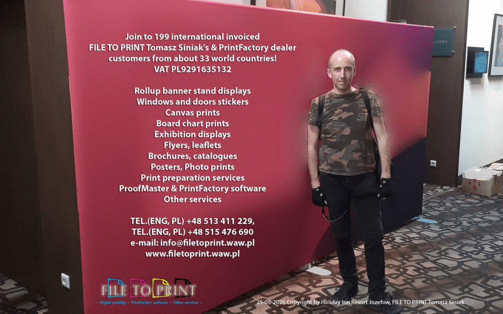 20250525_164756_Tomasz Siniak FILE TO PRINT in Holiday Inn hotel of Jozefow in Warsaw of Poland after finished walls and rollups installation for the customer from UK. Exhibition displays (fabric walls, backwalls) to a events, conferences, fairs. Large format digital printing. Hight quality textile medium. Aluminium standing construction. Packed into a canvas case. Interested? Call us!