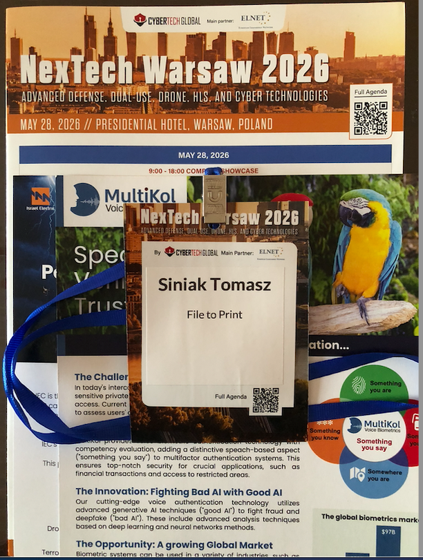 2026-05-28 Tomasz Siniak FILE TO PRINT's NexTech Warsaw 2026 identifier and few conference organizers advertising materials. Copyright by Cybertech Global, ELNET, MultiKol, Israel Electric Co., FILE TO PRINT Tomasz Siniak