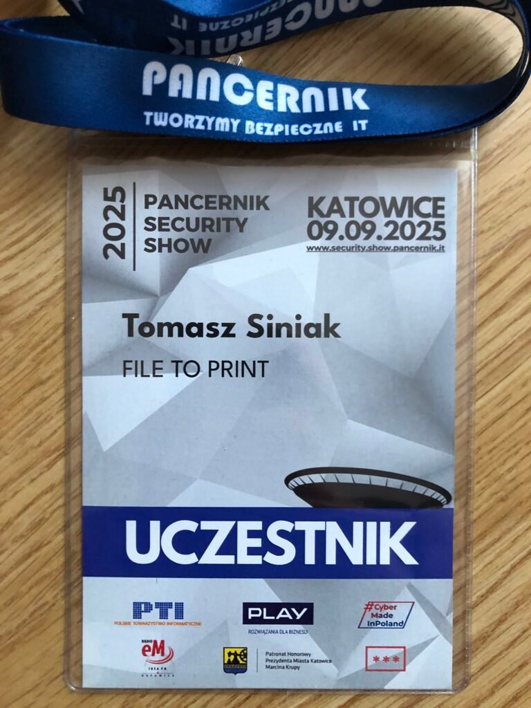 09-09-2025 On the 9th September 2025 in Katowice of Poland Tomasz was participated on Pancernik Security Show organized a.o. by the Pancernik IT company. On the photo Tomasz Siniak's Pancernik identifier. Copyright by Pancernik IT, rest companies on the photo, Tomasz Siniak FILE TO PRINT.