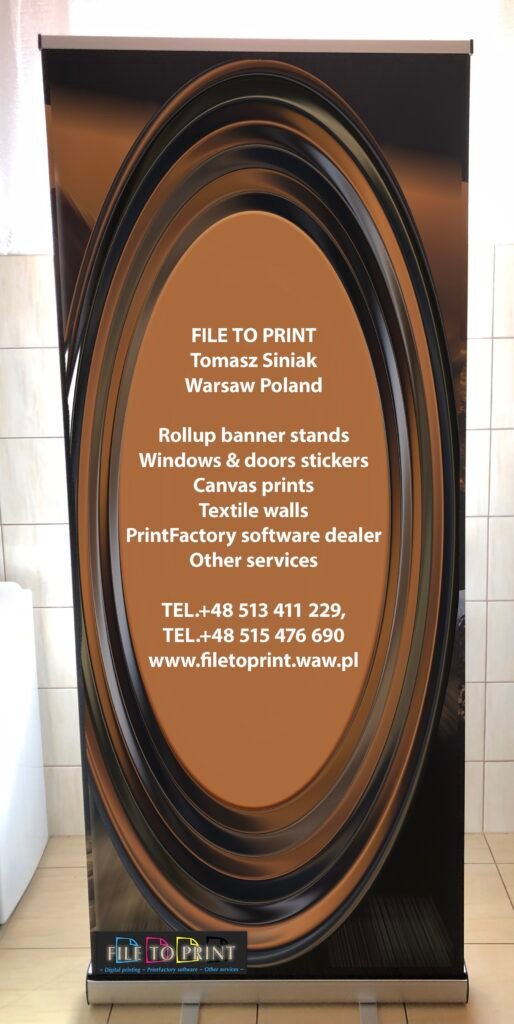 2025-08-11 Rollup banner stand displays printer. Full colour digital eco solvent printing. Stoplight or similar pvc material. Aluminium standing construction. Packed into a canvas case. Interested? Call us! FILE TO PRINT Tomasz Siniak